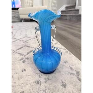 Vintage Blue Art Glass Vase with Clear Applied Handles & Flared Rim